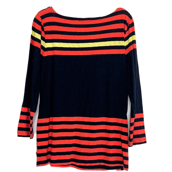 J Crew Factory Womens Striped Tee Medium Navy Orange Boatneck 3Q Sleeve - Picture 3 of 6